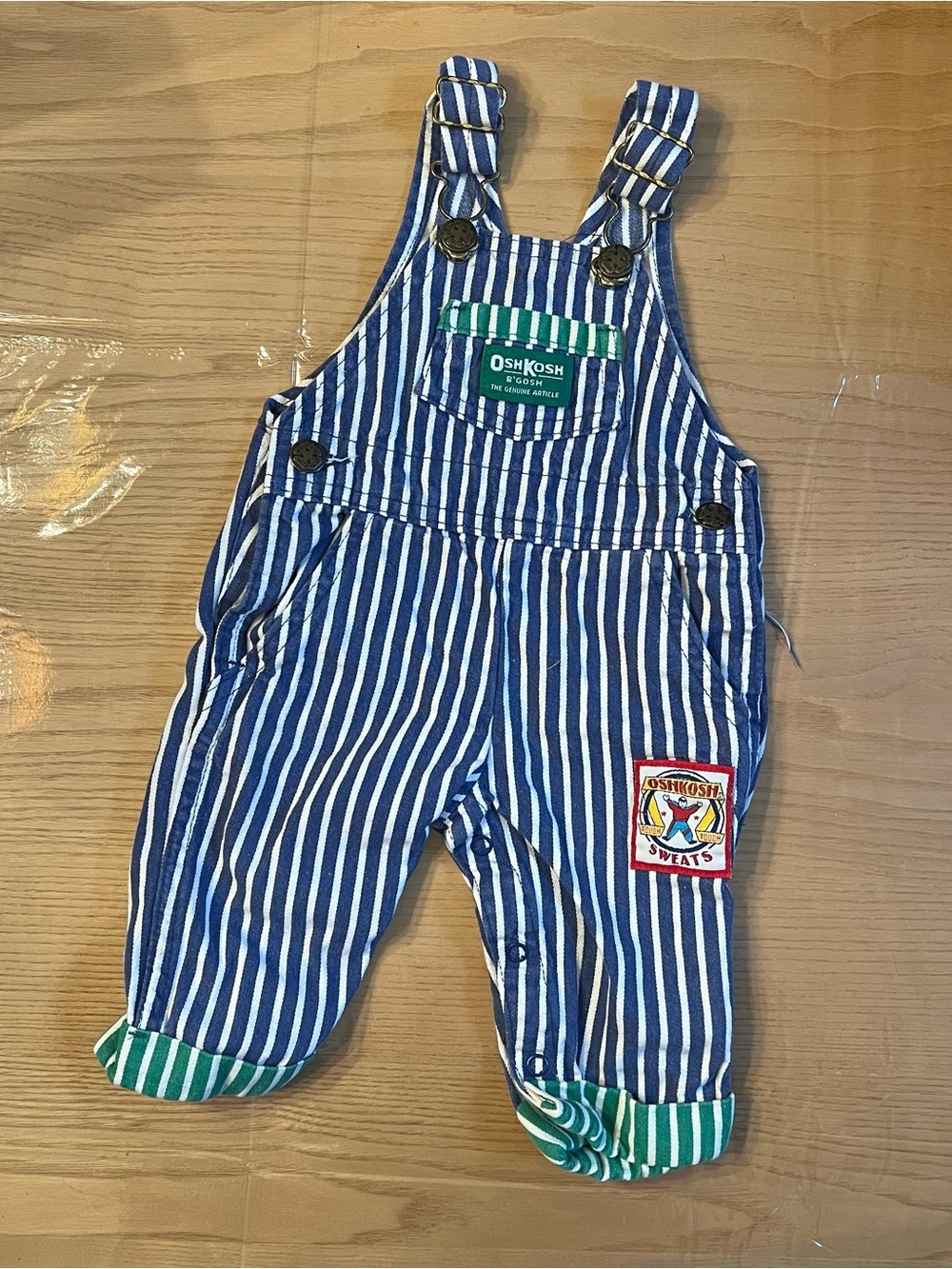 Vintage OshKosh B’gosh Blue Striped Overalls With Green Cuffs